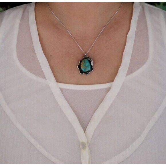 Pendant Only Sterling Silver Natural Turquoise Pendant 1 1/4" x 7/8" - Picture 4 of 6